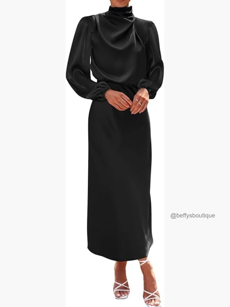 Long Sleeve Mock Neck Satin Maxi Dress Formal Wedding Party Cocktail